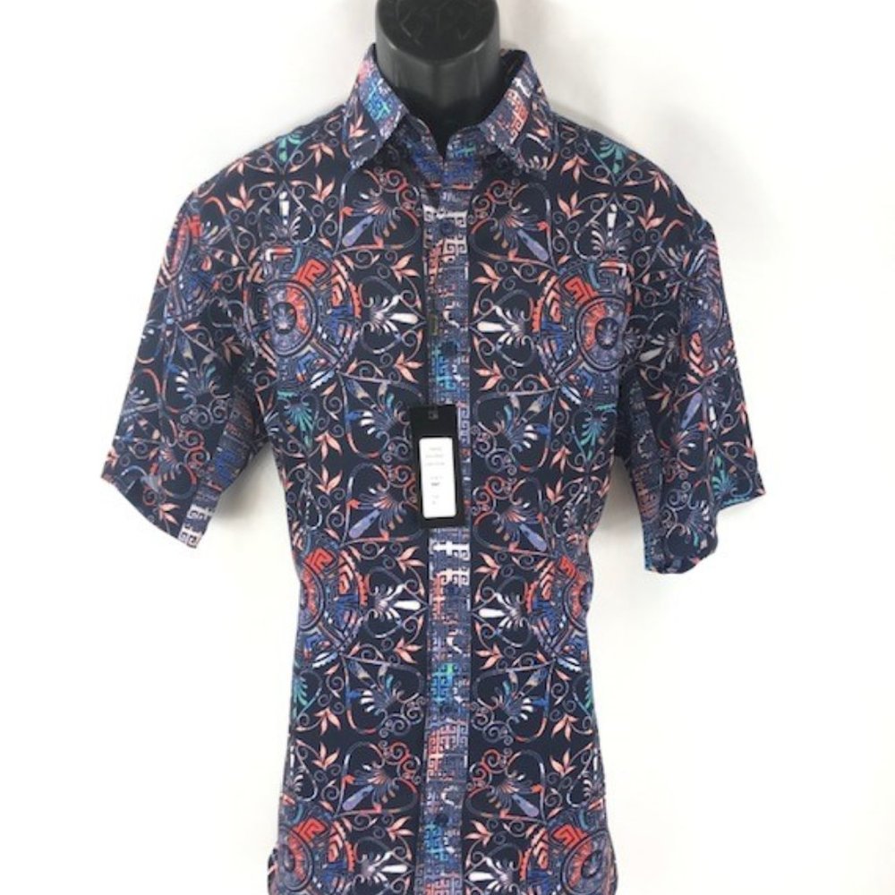 Bassiri Men's Button-Down Shirt Blue Orange Peach Short Sleeve Sizes S - M